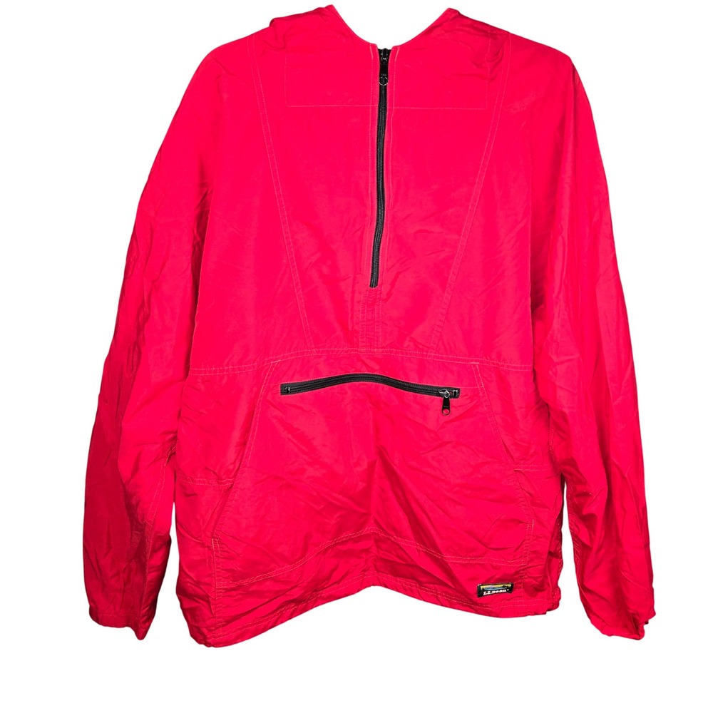 Vintage LL Bean Men Red Nylon Anorak Windbreaker Hooded Jacket Large Made in USA